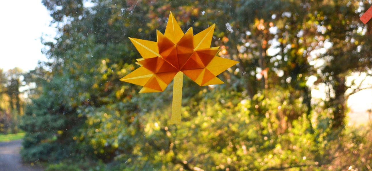 An Autumn paper leaf on a window.